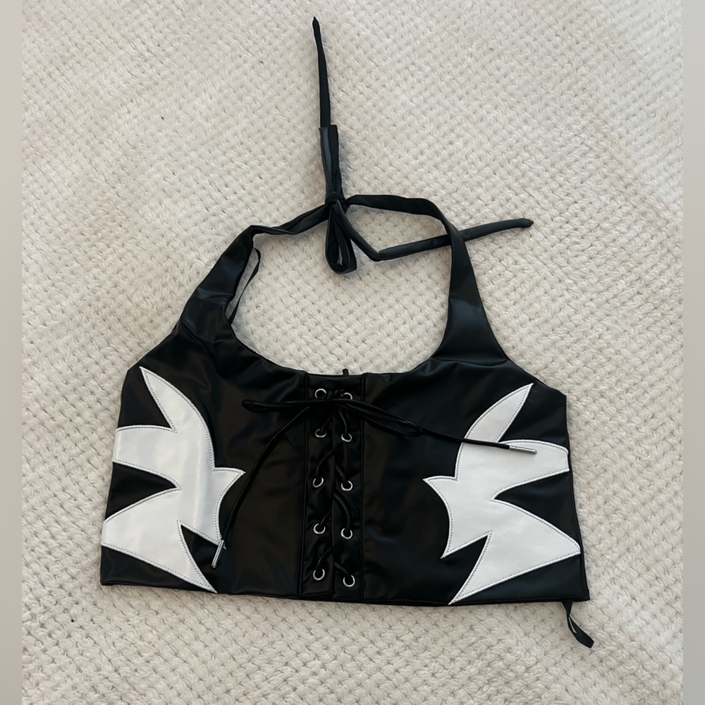 Black and white leather crop top halter neck